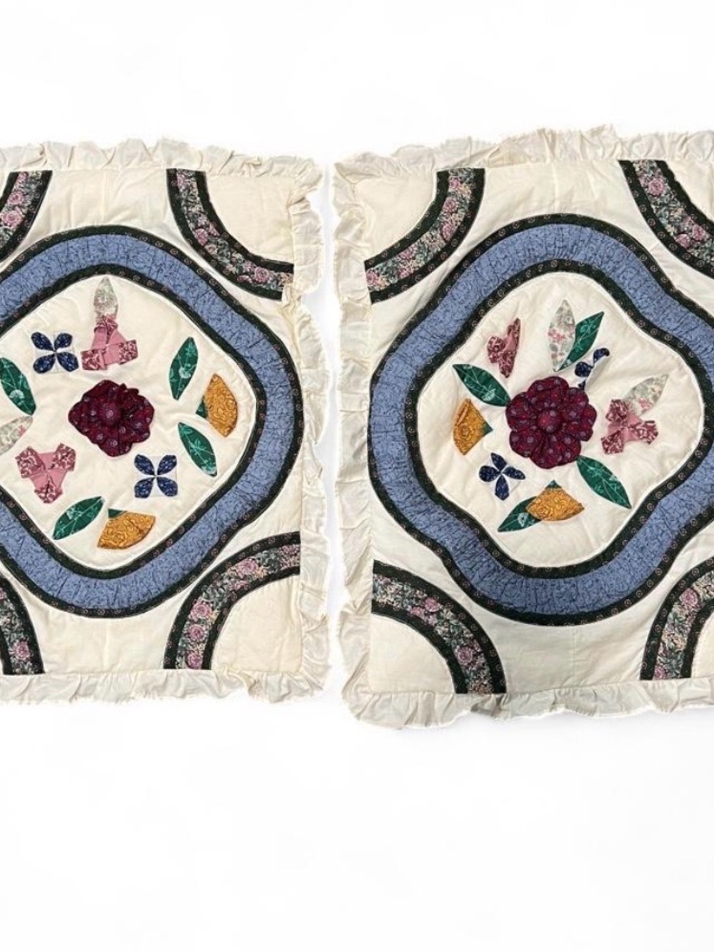 Handmade Floral Appliqué Pillow Covers - Cream, Blue, Green, Pink